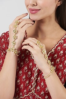 Gold Finish Kundan Polki Hathphool (Set Of 2)