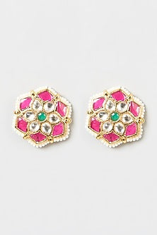 Gold Finish Pachi Kundan Polki & Multi-Colored Stone Stud Earrings