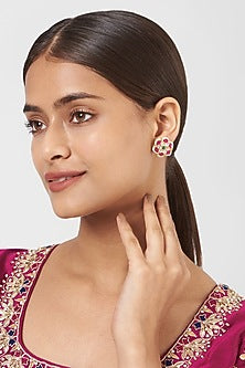 Gold Finish Pachi Kundan Polki & Multi-Colored Stone Stud Earrings