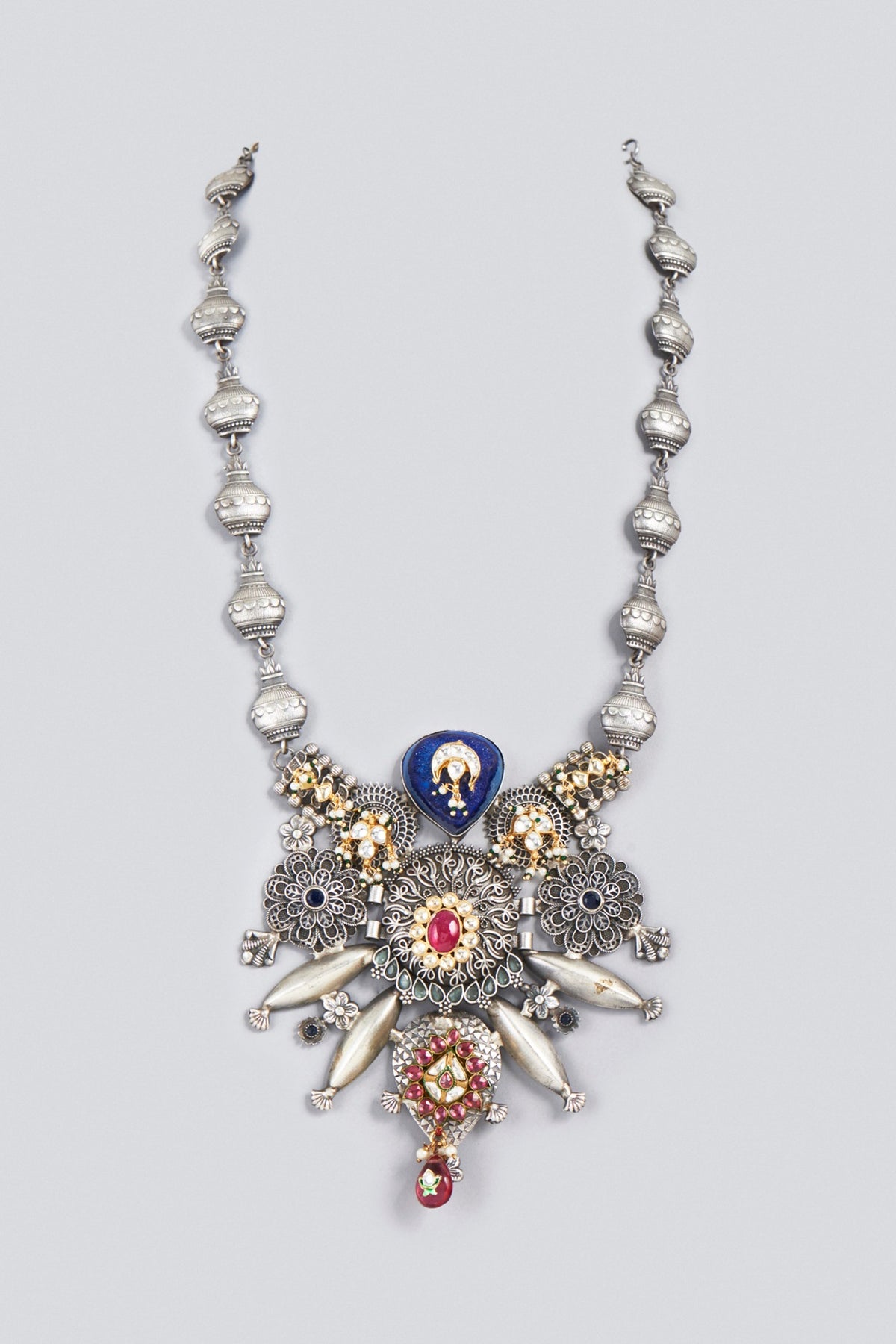 Oxidized Finish Kundan Polki & Synthetic Stone Long Necklace