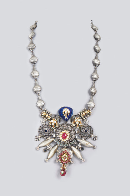 Oxidized Finish Kundan Polki & Synthetic Stone Long Necklace