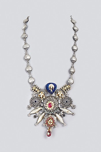 Oxidized Finish Kundan Polki & Synthetic Stone Long Necklace