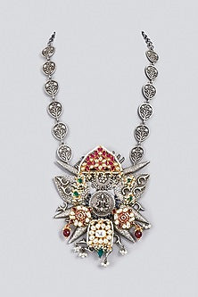 Oxidized Finish Kundan Polki & Synthetic Stone Long Necklace