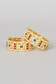 Gold Finish Kundan Polki & Multi-Colored Stone Bangles (Set Of 2)