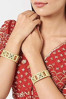 Gold Finish Kundan Polki & Multi-Colored Stone Bangles (Set Of 2)