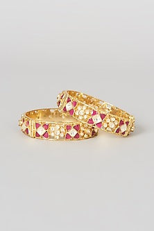 Gold Finish Pink Stone & Kundan Polki Bangles (Set Of 2)