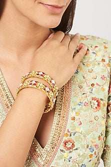 Gold Finish Pink Stone & Kundan Polki Bangles (Set Of 2)