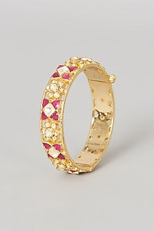 Gold Finish Pink Stone & Kundan Polki Bangles (Set Of 2)