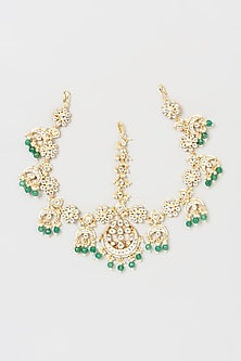 Gold Finish Pachi Kundan Polki & Green Beaded Mathapatti