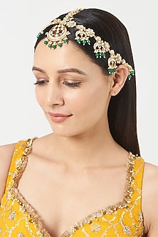 Gold Finish Pachi Kundan Polki & Green Beaded Mathapatti