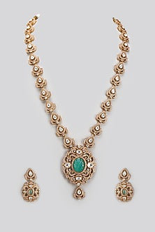 Gold Finish Kundan Polki & Green Stone Long Necklace Set