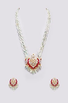 Gold Finish Kundan Polki & Red Stone Long Necklace Set