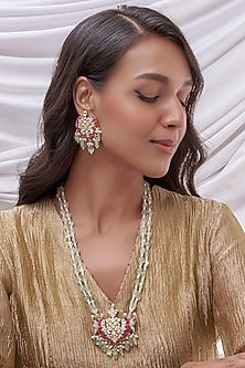 Gold Finish Kundan Polki & Red Stone Long Necklace Set