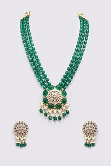 Gold Finish Kundan Polki & Green Beaded Long Necklace Set