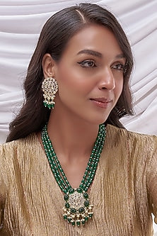 Gold Finish Kundan Polki & Green Beaded Long Necklace Set