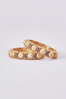 Gold Finish Kundan Polki Temple Bangles (Set Of 2)