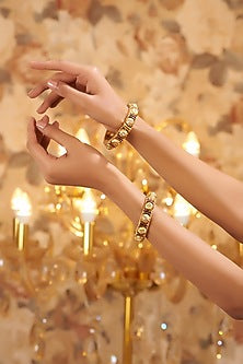 Gold Finish Kundan Polki Temple Bangles (Set Of 2)