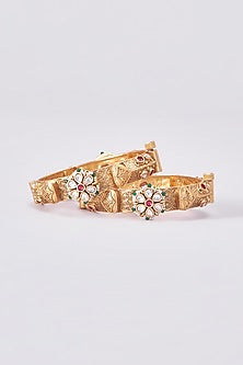 Gold Finish Kundan Polki Temple Bangles (Set Of 2)