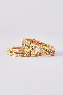 Gold Finish Kundan Polki Temple Bangles (Set Of 2)