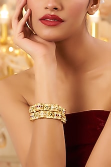 Gold Finish Kundan Polki Temple Bangles (Set Of 2)
