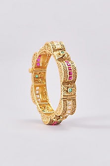Gold Finish Kundan Polki Temple Bangles (Set Of 2)