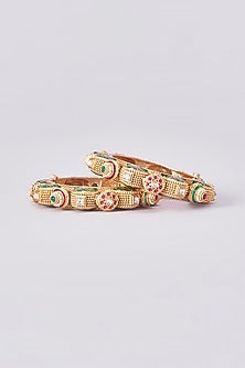 Gold Finish Kundan Polki Temple Bangles (Set Of 2)