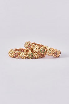 Gold Finish Kundan Polki Temple Bangles (Set Of 2)