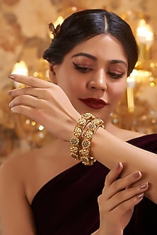 Gold Finish Kundan Polki Temple Bangles (Set Of 2)