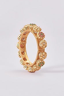 Gold Finish Kundan Polki Temple Bangles (Set Of 2)