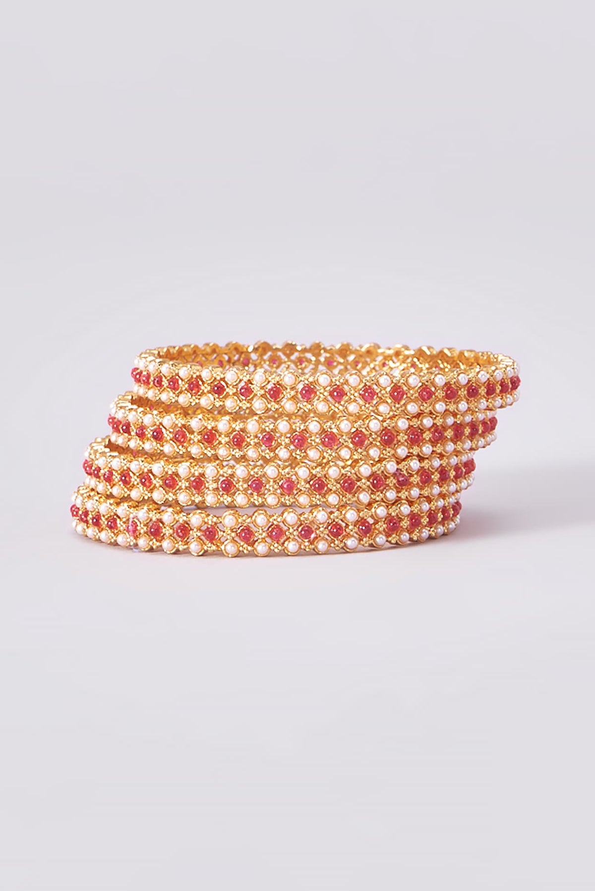 Gold Finish Kundan Polki Temple Bangles (Set Of 4)