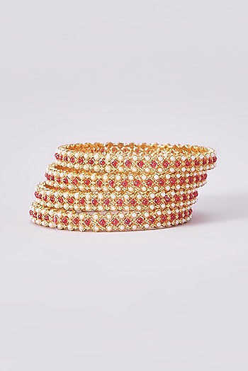 Gold Finish Kundan Polki Temple Bangles (Set Of 4)