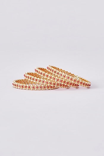 Gold Finish Kundan Polki Temple Bangles (Set Of 4)