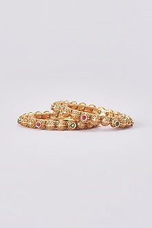 Gold Finish Kundan Polki Temple Bangles (Set Of 2)
