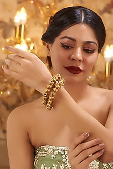 Gold Finish Kundan Polki Temple Bangles (Set Of 2)