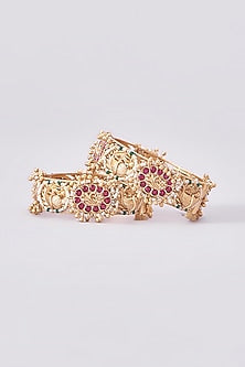Gold Finish Kundan Polki Temple Bangles (Set Of 2)