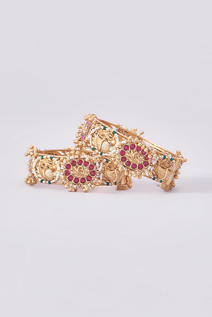 Gold Finish Kundan Polki Temple Bangles (Set Of 2)