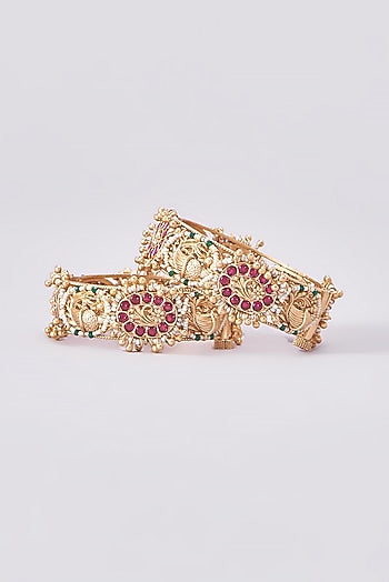 Gold Finish Kundan Polki Temple Bangles (Set Of 2)