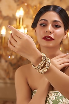 Gold Finish Kundan Polki Temple Bangles (Set Of 2)
