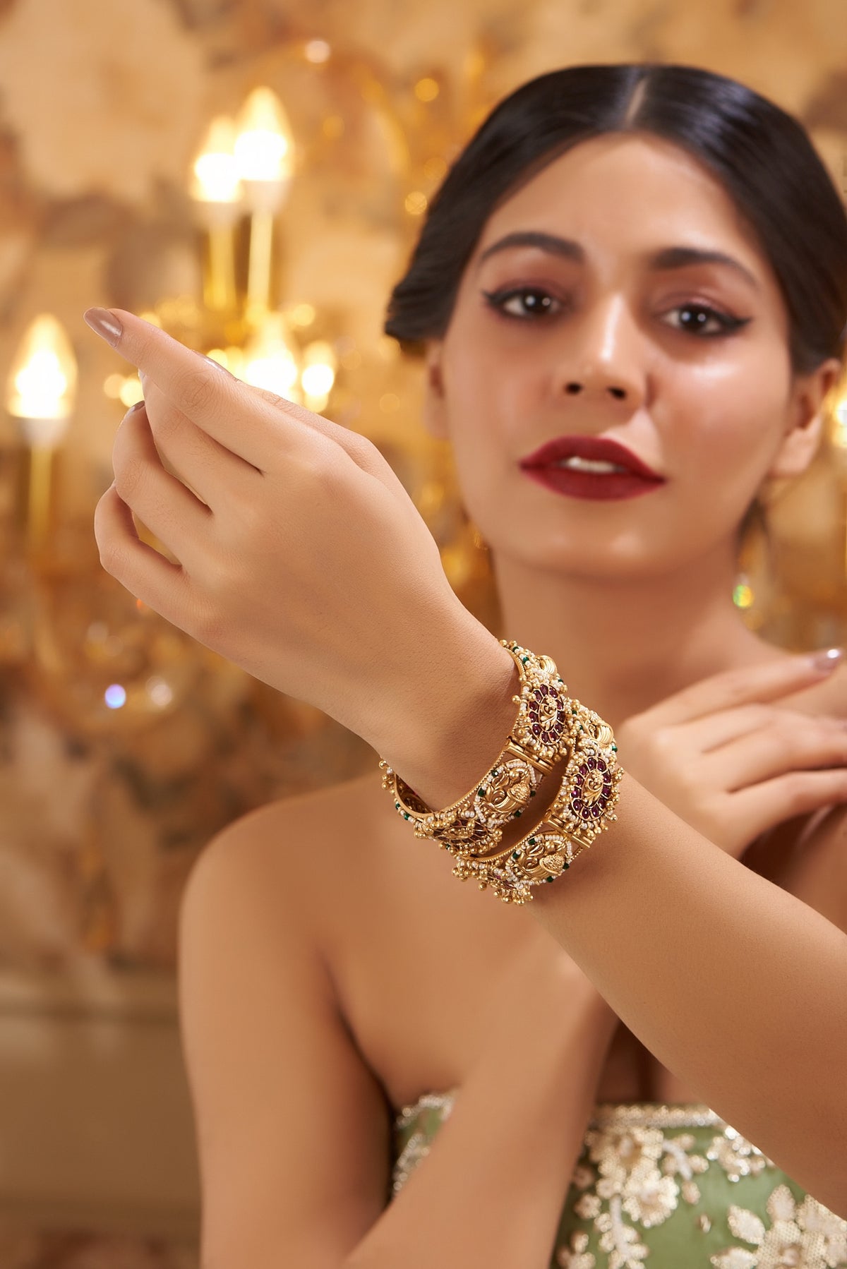 Gold Finish Kundan Polki Temple Bangles (Set Of 2)