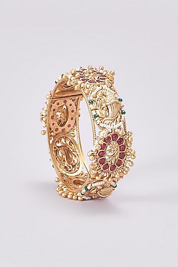 Gold Finish Kundan Polki Temple Bangles (Set Of 2)