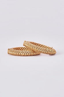 Gold Finish Kundan Polki Temple Bangles (Set Of 2)