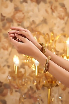 Gold Finish Kundan Polki Temple Bangles (Set Of 2)