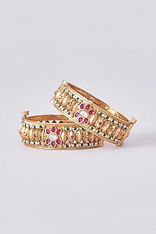 Gold Finish Kundan Polki Temple Bangles (Set Of 2)