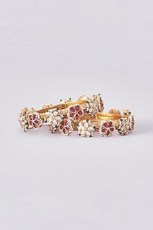 Gold Finish Kundan Polki Temple Bangles (Set Of 2)