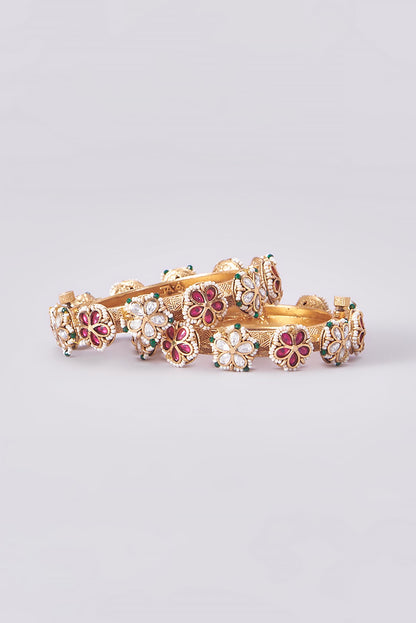 Gold Finish Kundan Polki Temple Bangles (Set Of 2)