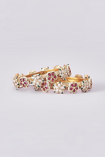 Gold Finish Kundan Polki Temple Bangles (Set Of 2)
