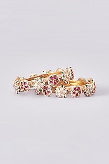 Gold Finish Kundan Polki Temple Bangles (Set Of 2)