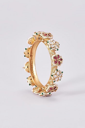 Gold Finish Kundan Polki Temple Bangles (Set Of 2)