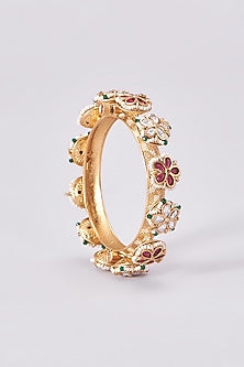 Gold Finish Kundan Polki Temple Bangles (Set Of 2)