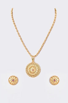 Gold Finish Kundan Polki Temple Pendant Necklace Set
